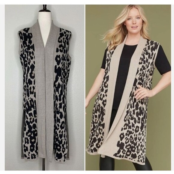 LANE BRYANT WOOL BLEND LONG VEST LEOPARD PRINT OPEN CARDIGAN SZ 14 /16 - Picture 1 of 5